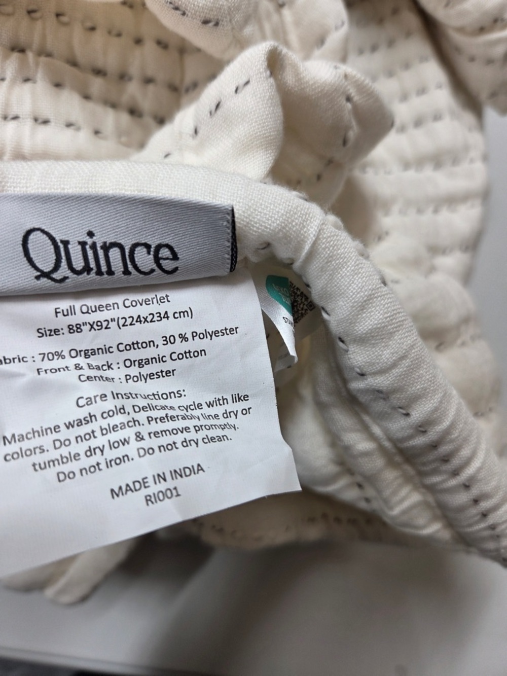 QUINCE Organic Cotton Channel Stitch Coverlet Full/Queen Undyed 7429 - Picture 8 of 9